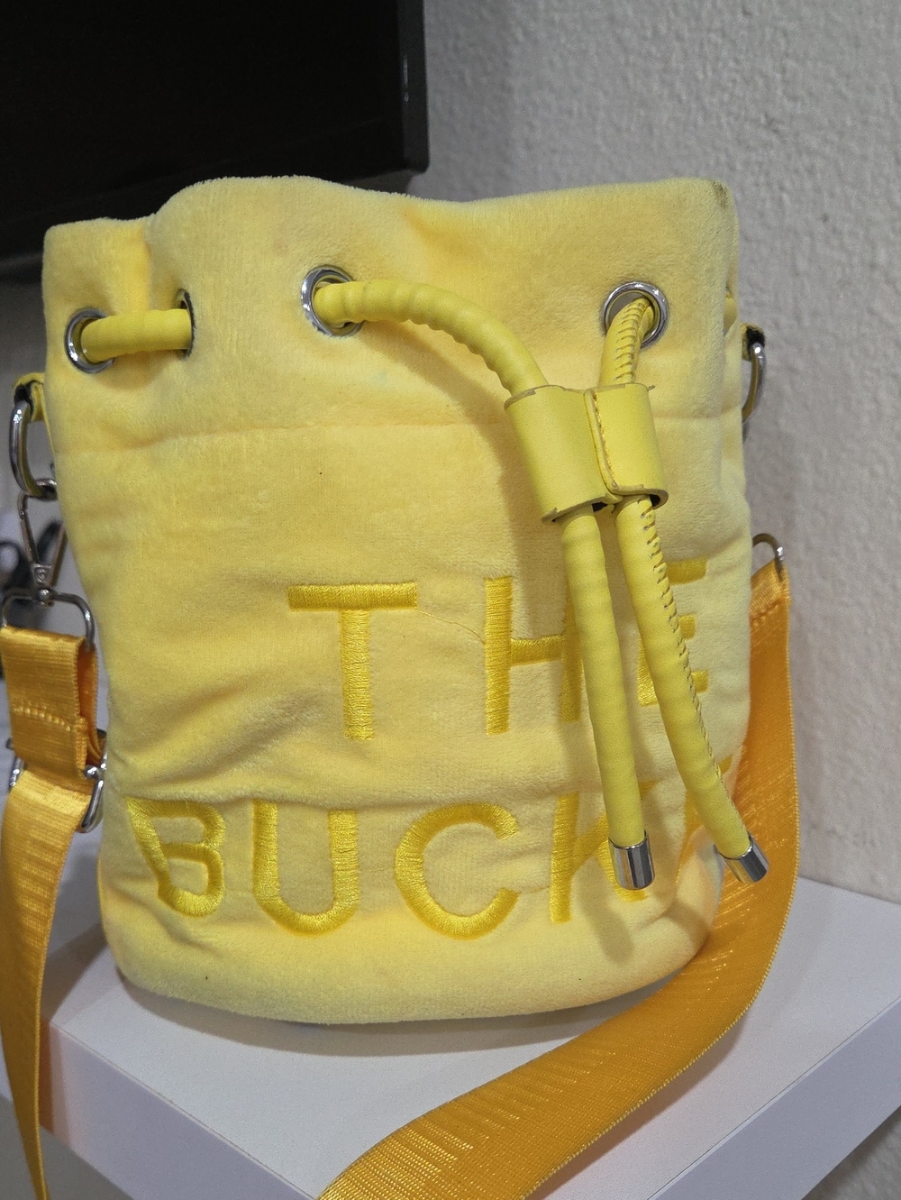 Yellow Velvet Bucket Bag with Embroidered Logo Detail